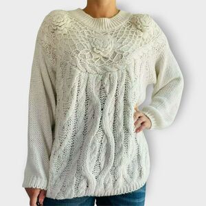 Diamond Hill Sweater Vintage Thick Cable Knit Long Sleeve Crochet White Size L